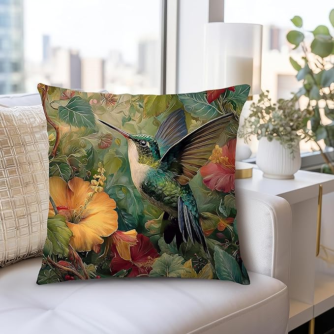 Vintage William Morris Green Hummingbird Pillow Cover 18x18 Double-Sided,Rustic Green Hummingbird Bird Animal Floral Botanical Print Decorative Throw Pillow Covers for Home Bedroom Living Room