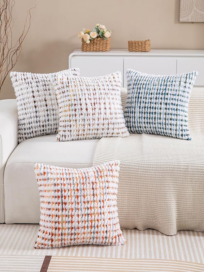 Decorative Boho Pillow Covers Set of 2-18x18 Inch Tufted Farmhouse Boho Throw Pillows for Couch, Neutral Chenille Fluffy Accent Pillowcase for Bed Living Room, Bedroom Sofa, Brown White