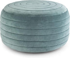 SIMPLIHOME Vivienne Round Pouf - 20 inch Wide Upholstered Velvet Ottoman in Turquoise, Boho-Style Footstool, Extra Seating or Accent Piece for Living Room or Bedroom with Stitching Detail, Assembled