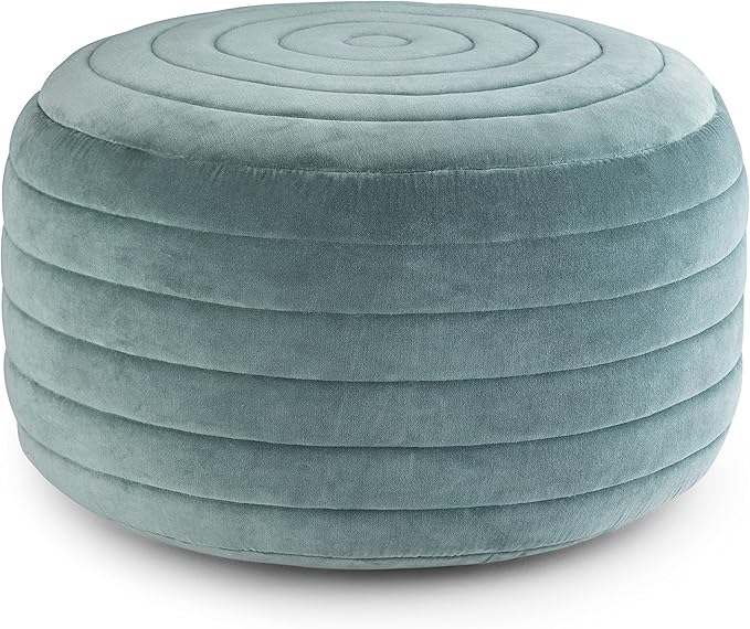 SIMPLIHOME Vivienne Round Pouf - 20 inch Wide Upholstered Velvet Ottoman in Turquoise, Boho-Style Footstool, Extra Seating or Accent Piece for Living Room or Bedroom with Stitching Detail, Assembled