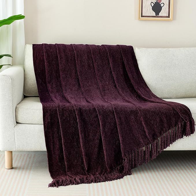 Chenille Throw Blanket for Couch with Tassels,60"X80" Soft Cozy Lightweight Knitted Boho Decorative Blankets for Bed and Sofa,Aubergine