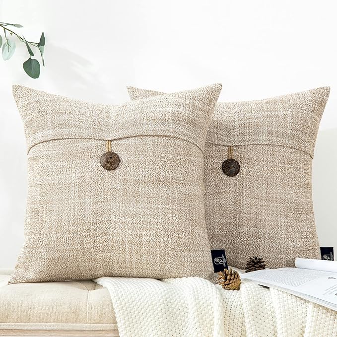 Phantoscope Pack of 2 Farmhouse Throw Pillow Covers Premium Coconut Button Vintage Linen Solid Decorative Pillow Cover for Couch Bed and Chair Beige 20 x 20 inches 50 x 50 cm