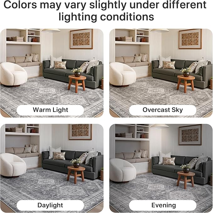 GENIMO 8x10 Area Rugs for Living Room, Machine Washable Non Slip Rugs, Low Pile Lightweight Print Rug for Bedroom, Dining Room, Home Office, Vintage Grey