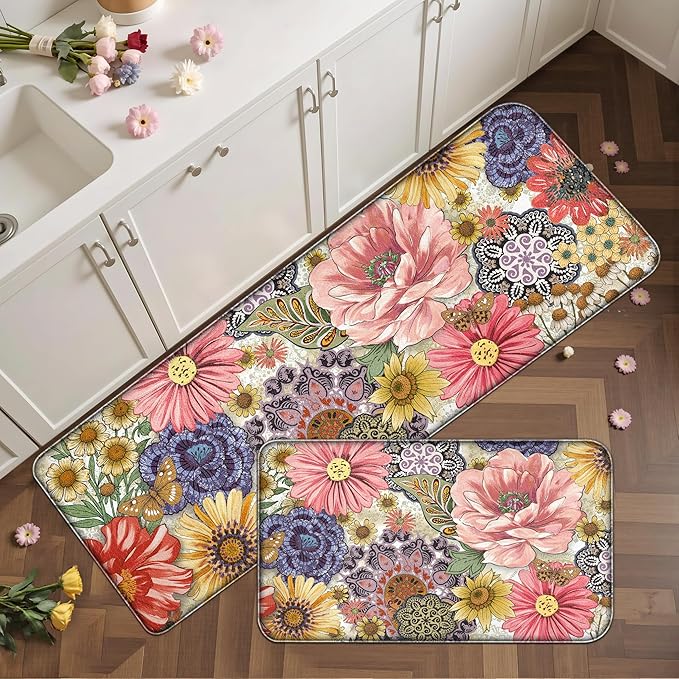 Boho Floral Kitchen Mats for Floor 2PCS Anti Fatigue Mats for Kitchen Floor Cushioned Non Slip Waterproof Memory Foam PVC Kitchen Rugs Set for Sink,Office,Laundry 17.3"x28"+17.3"x47"