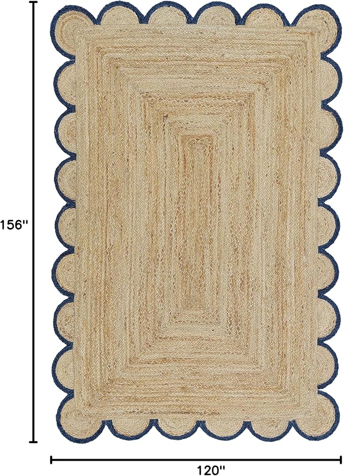 Scalloped Natural Jute Area Rug, Navy Trim, 10'x13'