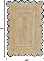 Scalloped Natural Jute Area Rug, Navy Trim, 10'x13'