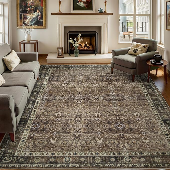 8x10 Vintage Washable Area Rug for Living Room,Low Pile Non Slip Carpet Non-Shedding Large Area Rug Soft Indoor Stain Resistant Rug Floral Print Mat for Bedroom Dining Room Brown Floral