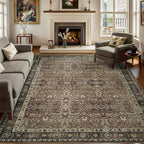 8x10 Vintage Washable Area Rug for Living Room,Low Pile Non Slip Carpet Non-Shedding Large Area Rug Soft Indoor Stain Resistant Rug Floral Print Mat for Bedroom Dining Room Brown Floral