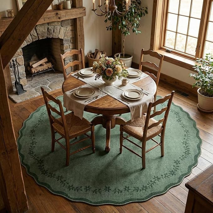 GarveeHome Round Area Rugs 6ft for Bedroom, Solid Dark Green Washable Circle Rug Soft Non Slip Floral Print Floor Mat Leaves Carpet Indoor Thin Rug for Living Room Dining Room Playroom Nursery