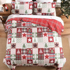HORIMOTE HOME Christmas Quilt Set Queen Size, 3-Piece Holiday Quilt Bedding Set Soft Microfiber Bedspread with 2 Pillow Shams - Red Xmars Tree Stars Pattern for Winter Bedroom Decoration