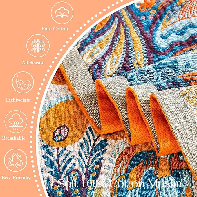 Boho Blanket Soft Muslin Boho Throw Blanket 100% Cotton Blanket All Seasons Reversible Rustic Floral Printed Vintage Rustic Farmhouse Decor Throw for Sofa Couch Chair (Yellow, 90"x98")