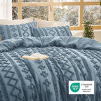 Bedsure Tufted Boho Comforter Set Queen Size - Dusty Blue Boho Bed Set, GentleSoft™ 3 Pieces Farmhouse Shabby Chic Embroidery Bedding, Gifts for Woman, Soft Jacquard Queen Comforter for All Seasons