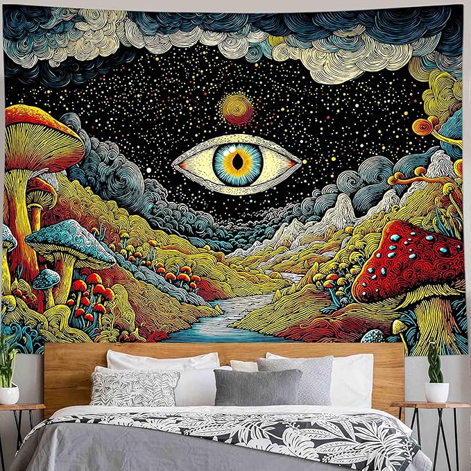 Yeoiat Tapestry Mystical Mushroom Tapestries Cosmic Valley Gaze Wall Hanging Bohemian Fantasy Bedroom Dormitory Decoration 90"x70"