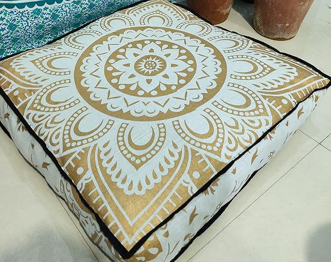 CRAFT KALA Mandala Floor Pillow Cushion Cover Seating Throw Cover Hippie Decorative Bohemian Ottoman Poufs Pom Pillow Cases Boho Indian Cotton Living Room Yoga Home Décor 35" Square, White Gold Flower