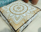 CRAFT KALA Mandala Floor Pillow Cushion Cover Seating Throw Cover Hippie Decorative Bohemian Ottoman Poufs Pom Pillow Cases Boho Indian Cotton Living Room Yoga Home Décor 35" Square, White Gold Flower