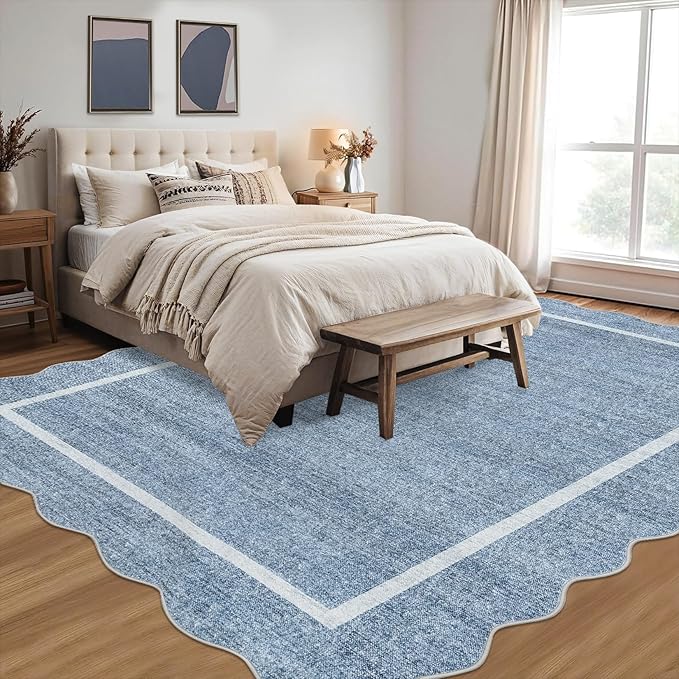 GarveeHome Scalloped Large Living Room Area Rug 6x9 - Machine Washable Modern Rugs Bordered Neutral Rug Non-Shedding Low Pile Farmhouse Carpet for Bedroom Nursery Classroom Dorm 6 ft x9 ft Blue