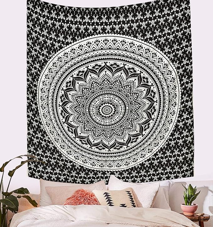 ANJANIYA Ombre Wall Hanging Bohemian Tapestry, Metallic Wall Art Bedspread, Psychedelic Hippie Mandala Dorm Décor for Hanging, Bedding, Beach Coverlet Curtain, Black Silver, 54"X60"