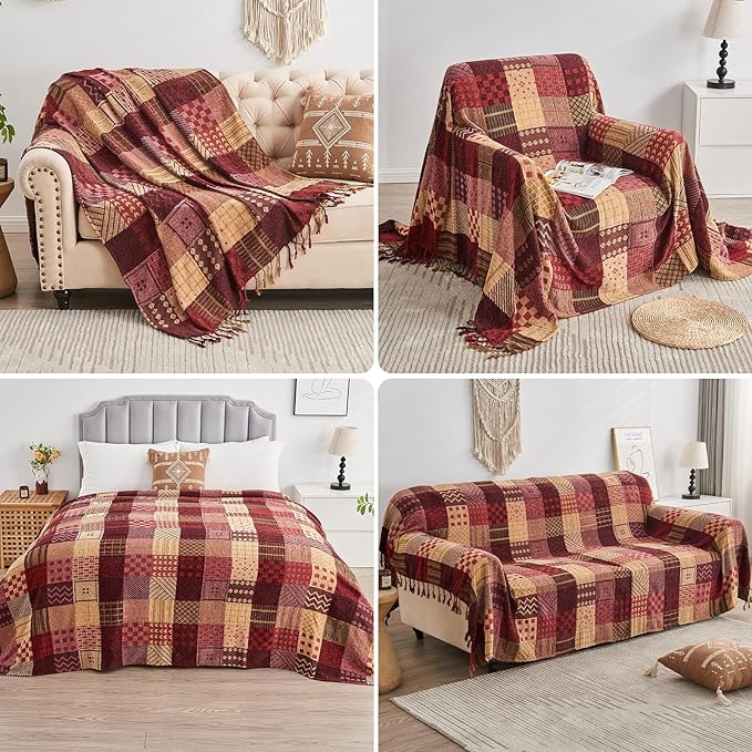 Boho Throw Blanket,Patchwork Large Blankets for Sofa Double Bed Armchair Couch,Weighted Soft Furniture Throws,Tassels Chenille Throws and Blankets for Bohemian Decor (60"*75")…
