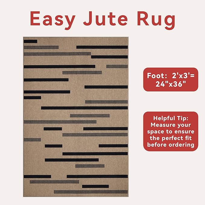 Tangsoo Stripe Easy Jute Rug,Ultra Thin 2x3 Outdoor Rug for Entryway,Non-Slip Washable Small Rug Modern Front Door Mat Non Shedding Throw Carpet for Kitchen Bedroom Porch Doorway