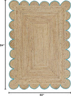 Scalloped Natural Jute Area Rug, Teal Trim, 5'x7'