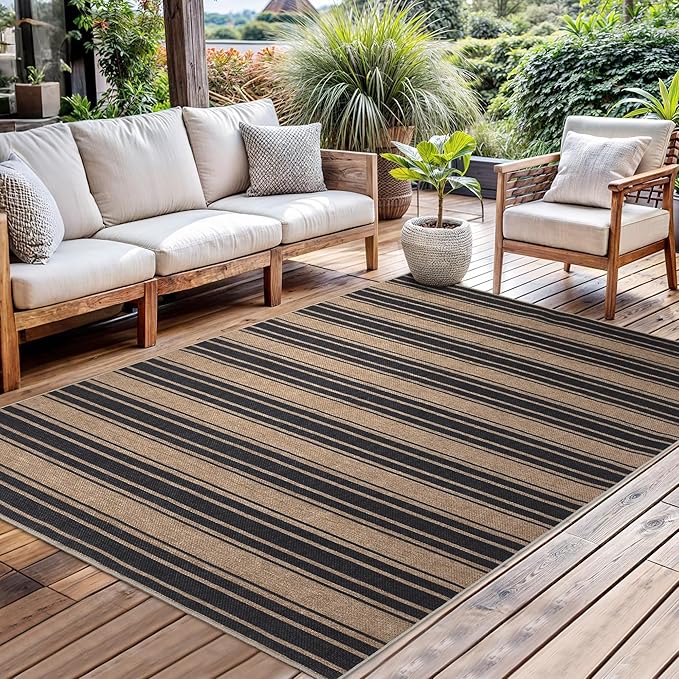 Striped Easy Jute Rug 5x7 Outdoor Patio Rug Washable Rugs for Living Room Bedroom Non Slip Non Shedding Neutral Farmhouse Indoor Outdoor Carpet for Backyard Patio Office