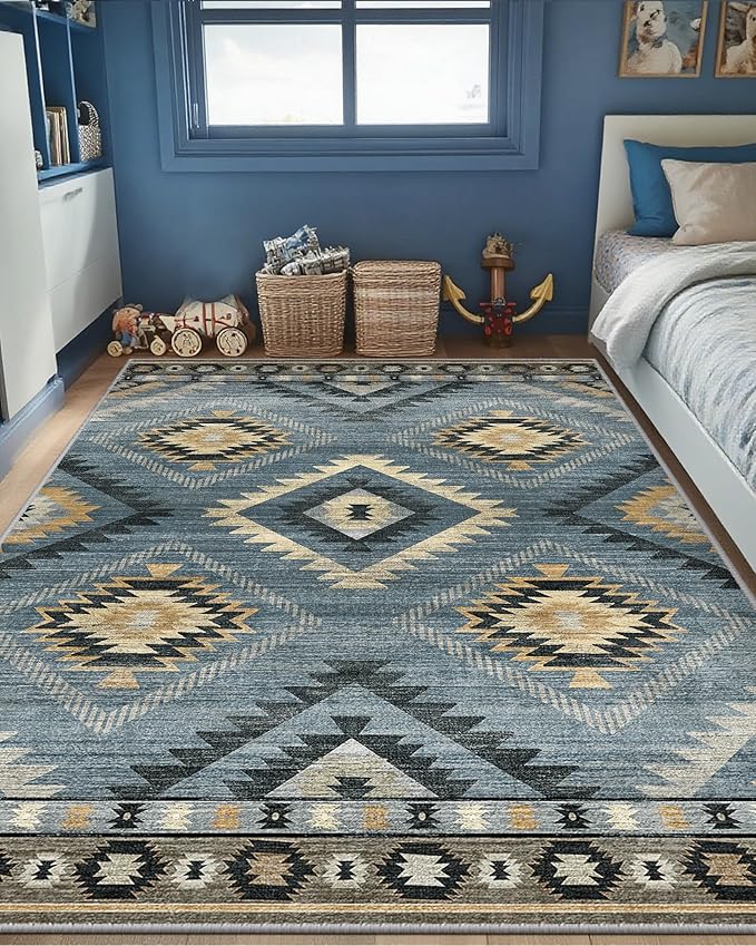 Area Rug 6x9 Rug Machine Washable Rug Non-Slip Low Pile Print Pattern Western Rug for Living Room Bedroom Entryway Tribal Series -Navy/Grey