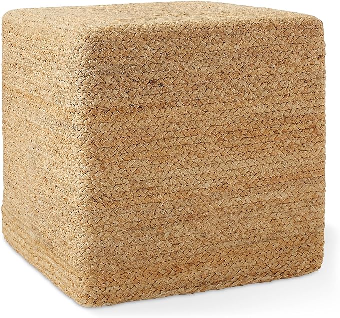 Casafield Hand-Braided Jute Pouf Ottoman Footrest, 18" W x 18" D x 18" H - Square, Natural Woven Boho Floor Cushion, Home Decor for Living Room