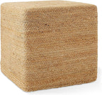 Casafield Hand-Braided Jute Pouf Ottoman Footrest, 18" W x 18" D x 18" H - Square, Natural Woven Boho Floor Cushion, Home Decor for Living Room