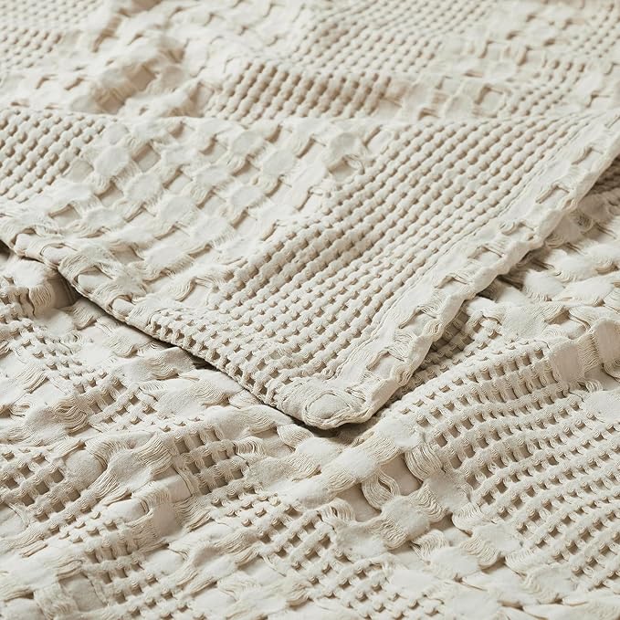 VHC Brands 100% Cotton Waffle Weave Natural Oversized King Size Blanket 120x120, Decorative Cotton Throw Blanket, Boho Farmhouse Bedroom Decor for Bed, Couch, or Sofa