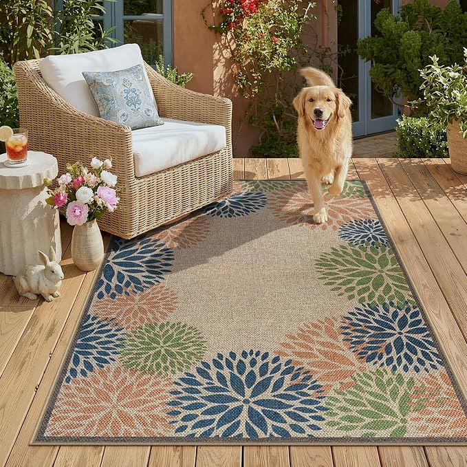 LIVEBOX Modern 3x5 Jute Outdoor Patio Rug, Washable Rugs for Entryway Porch, Tropical Floral Boho Farmhouse Carpet, Non Slip Front Door Mat for Outdoor Indoor Entryway Guestroom Decor (Olive 3'x5')