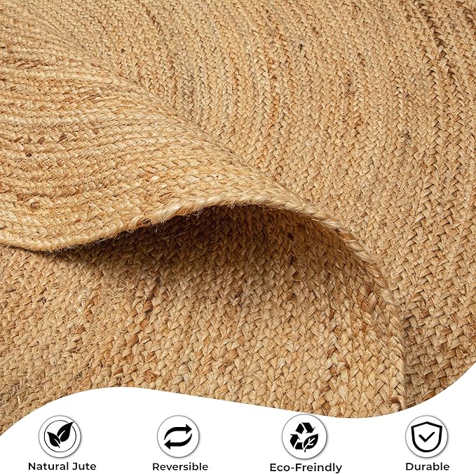 Ramanta Home Jute Braided Rug 8 Ft Round – Large Natural Farmhouse Area Rug, Handwoven Reversible Carpet for Living & Dinning Room, Bedroom, Kitchen, Nursery, Entryway – Boho Coastal Neutral Floor Mat