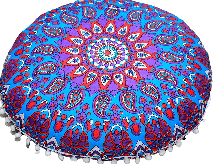 Round Mandala Floor Pillow Cover Seating Cushion Throw Cover Ottoman Pouf Cover Pom Pom Pillow Cases Hippie Decorative Bohemian Boho Indian 22 Inches (Purple Blue)