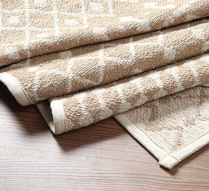 Cotton Morroccan Area Runner Rug 27x45 Inches - Beige, Non Slip Soft & Sturdy Patio Runners Ideal for Hallways, Entryway, Kitchen, Bedroom | Machine Washable Neutral Boho Door Mat for Bathroom