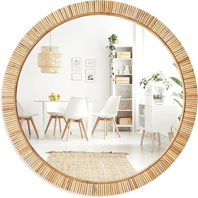 Barnyard Designs Rattan Bathroom Mirror – Rustic Farmhouse Style Handmade Wicker Rattan Frame - Boho Mirror for Nursery Wall Décor (25.5", Round)