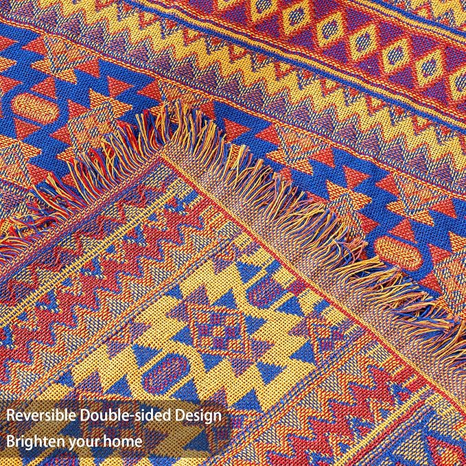 Boho Throw Blanket for Couch Chair, 100% Thick Cotton Southwest Aztec Single Seater Sofa Cover Throw - Reversible Hippie Decor Bohemian Blanket for Bed Tapestry Outdoor Camping. 51″×71″