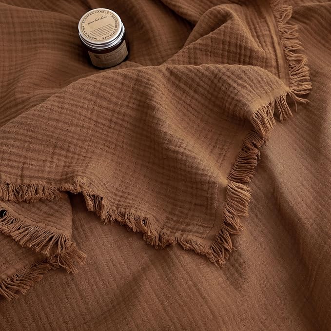 FOSSA Muslin Blanket with Fringe - 4-Layer 100% Cotton Gauze Super Soft & Breathable Throw -Lightweight Decorative Cooling Blanket for Bed, Sofa, Office -Twin XL Size 66" × 90" (Dark Orange)