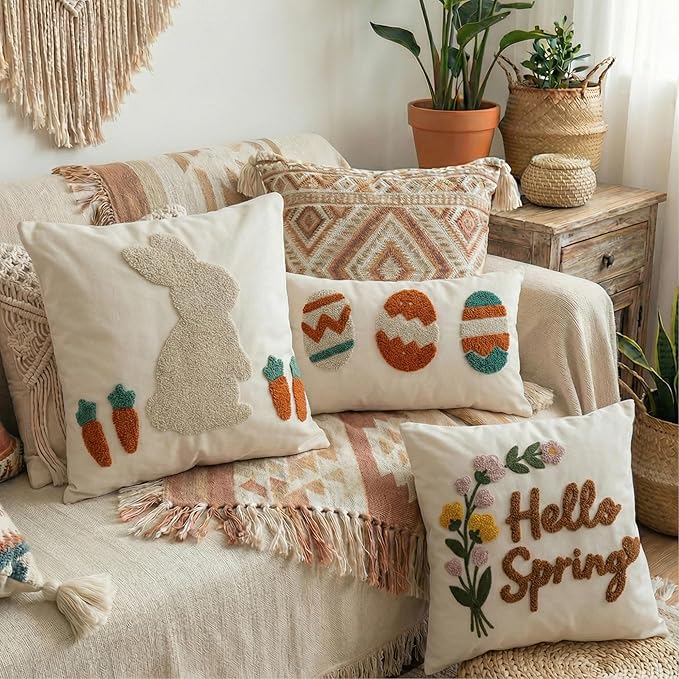 Fluffy Tufted Easter Pillow Cover with Soft Embroidered Bunny, Textured Boho Cotton Canvas Throw Pillow Case for Spring Farmhouse Sofa Couch Decoration, 18x18 inches, 1PCS (Cover Only)