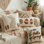 Fluffy Tufted Easter Pillow Cover with Soft Embroidered Bunny, Textured Boho Cotton Canvas Throw Pillow Case for Spring Farmhouse Sofa Couch Decoration, 18x18 inches, 1PCS (Cover Only)