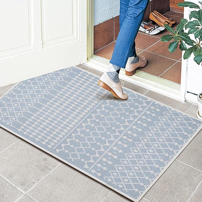 Cotton Morroccan Area Runner Rug 27x45 Inches - Spa Blue, Non Slip Washable Boho Woven Runners Ideal for Hallways, Kitchen, Bedroom, Laundry Room | Farmhouse Blue Decorative Floor Mats for Balcony