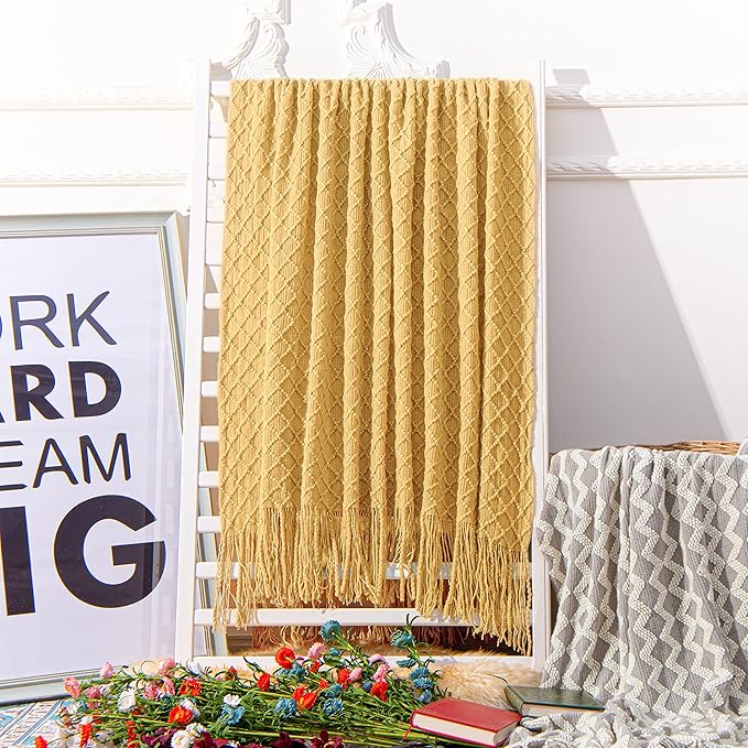 NTBAY Acrylic Knitted Throw Blanket, Lightweight and Soft Cozy Decorative Woven Blanket with Tassels for Travel, Couch, Bed, Sofa, 51x67 Inches, Mustard Yellow Checkered