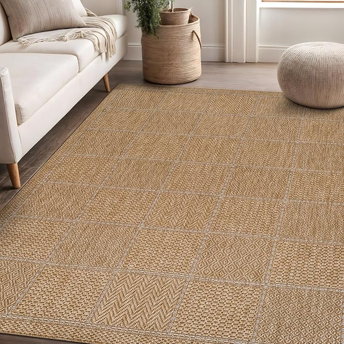 Beverly Rug Easy Jute Checkered Squared Rug 4x6 Washable Durable Indoor Outdoor Area Rugs for Living Dining Room Patio Office Stain Resistant Non Shedding Casual Indoor Outside Carpet 4 x 6 Natural