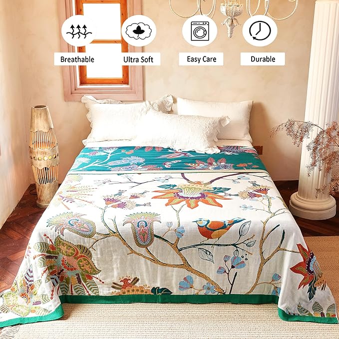 Boho Throw Blanket, 100% Organic Cotton Breathable Skin-Friendly Ultra Soft Bed Quilt Throw - All Season Floral Bird Farmhouse Décor Luxury Blanket for Sofa Couch Chair and Gift. 50" x 60"
