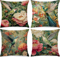 Vintage William Morris Floral Hummingbird Pillow Cover 18x18 Set of 4,Rustic Green Hummingbird Bird Animal Flower Botanical Print Decorative Throw Pillow Covers for Home Bedroom Living Room