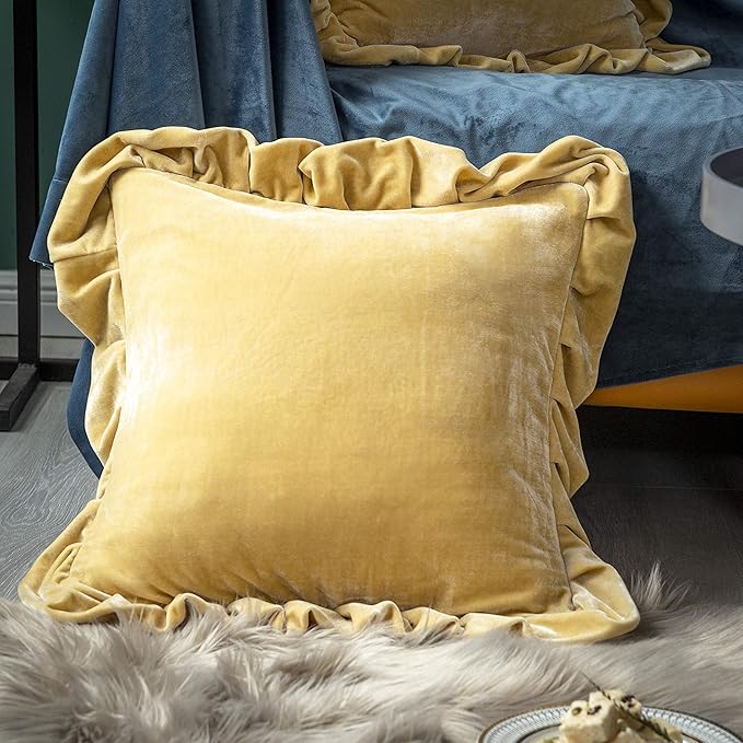 Velvet Throw Pillow Cover Soft Decorative Luxurious Solid Square Cushion Case for Sofa Couch Bedroom Farmhouse,Pack of 2, 18 x 18 Inches, Butter Yellow