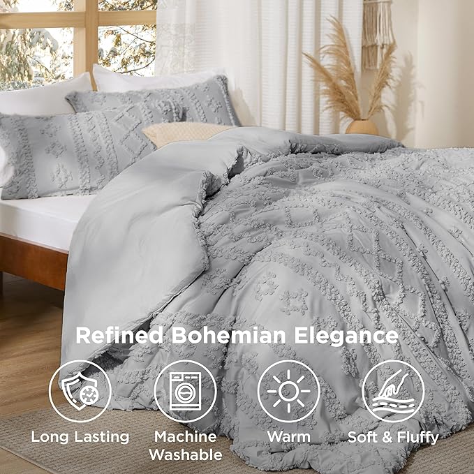 Bedsure Tufted Boho Comforter Set Queen Size - Light Grey Boho Bed Set, GentleSoft™ 3 Pieces Farmhouse Shabby Chic Embroidery Bedding, Gifts for Woman, Soft Jacquard Queen Comforter for All Seasons