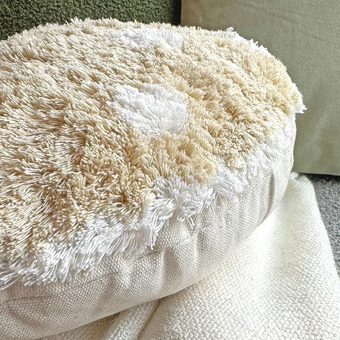 Mushroom Throw Pillow Tufted Shape Decorative Cushion 15” x 15” – Decor for Bed, Couch, Living Room (Cream)