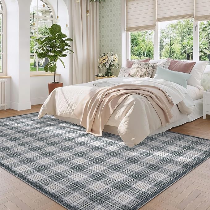 GarveeHome Checkered Area Rugs 5x7 for Living Room, Machine Washable Non Slip Backing Rug, Stain Resistant Low-Pile Indoor Outdoor Carpet for Bedroom Dining Room Office Nursery Grey