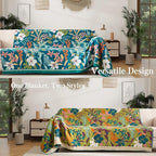Boho Throw Blanket Full Size, Extra Large Soft Cozy Cotton Muslin Quilt Blanket for Bed Decor, Floral Patterned Couch Sofa Chair Cover, Vintage Farmhouse Cottage Woven Blanket, Teal&Green