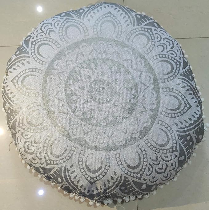 24" White Silver Flower Mandala Barmeri Large Floor Pillow Cover Cushion Meditation Seating Ottoman Throw Cover Hippie Decorative Zipped Bohemian Pouf Ottoman Pom Pom Cases 24 " round