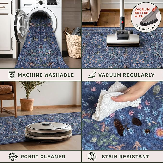 Dark Blue Living Room Rug 8x10, Vintage Floral Washable Area Rugs for Bedroom, Dining Room Under Kitchen Table, Oriental Low Pile Stain Resistant Non-Slip Large Navy Decor
